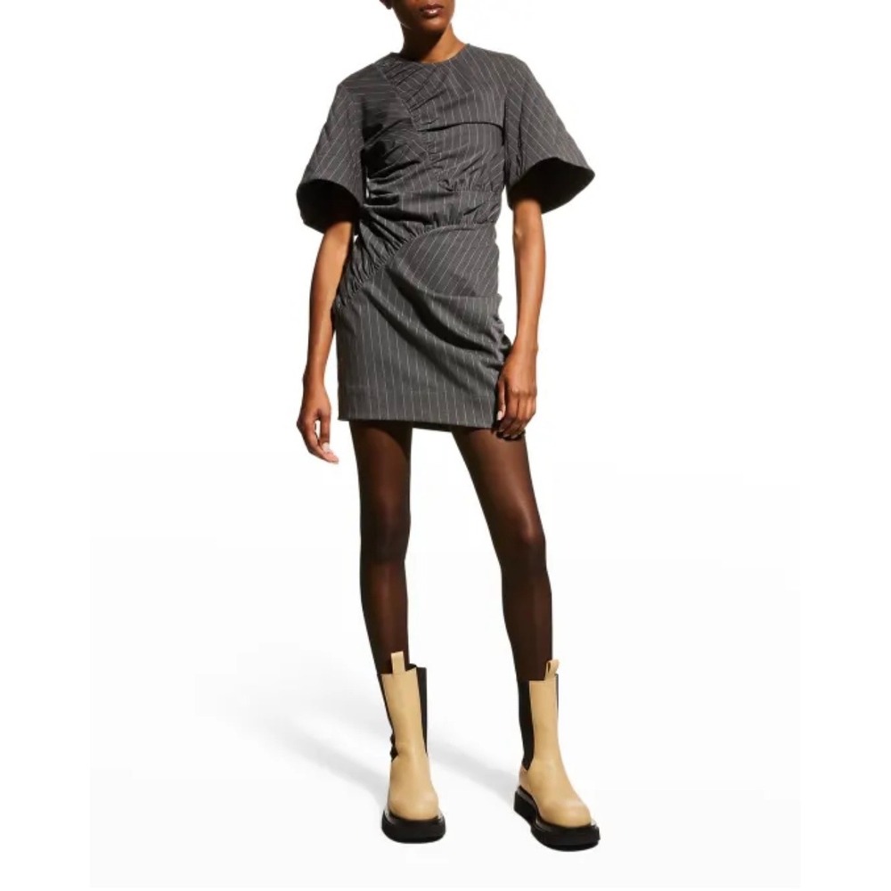 Ganni Pinstripe Ruched Mini Dress Charcoal Grey Wide Sleeve Size‎ 38/6 NEW